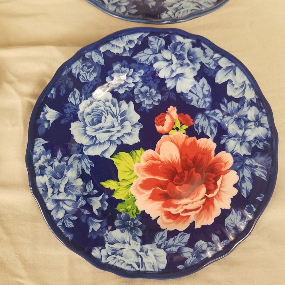Pioneer Woman Heritage Floral Salad 8.5" Plates 4pc Blue Red Excellent Scallop